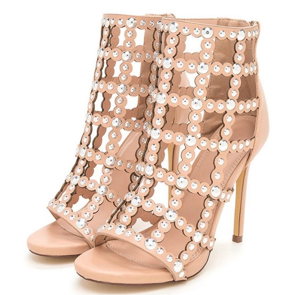 Liliana nude strappy peep toe cut out studded high heels shoes